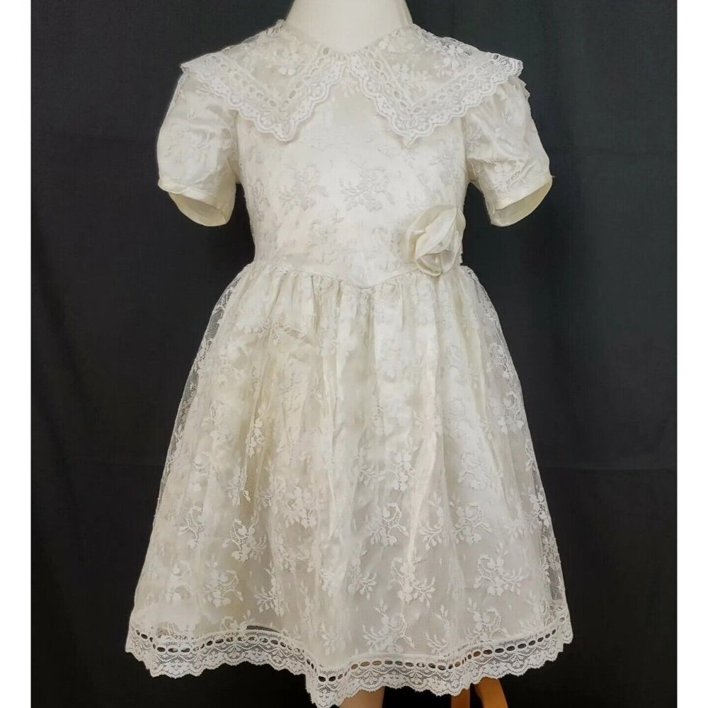 Jessica McClintock Dress Little Girls 5 Satin Lace Bow Crinoline Puff Sleeve Vtg